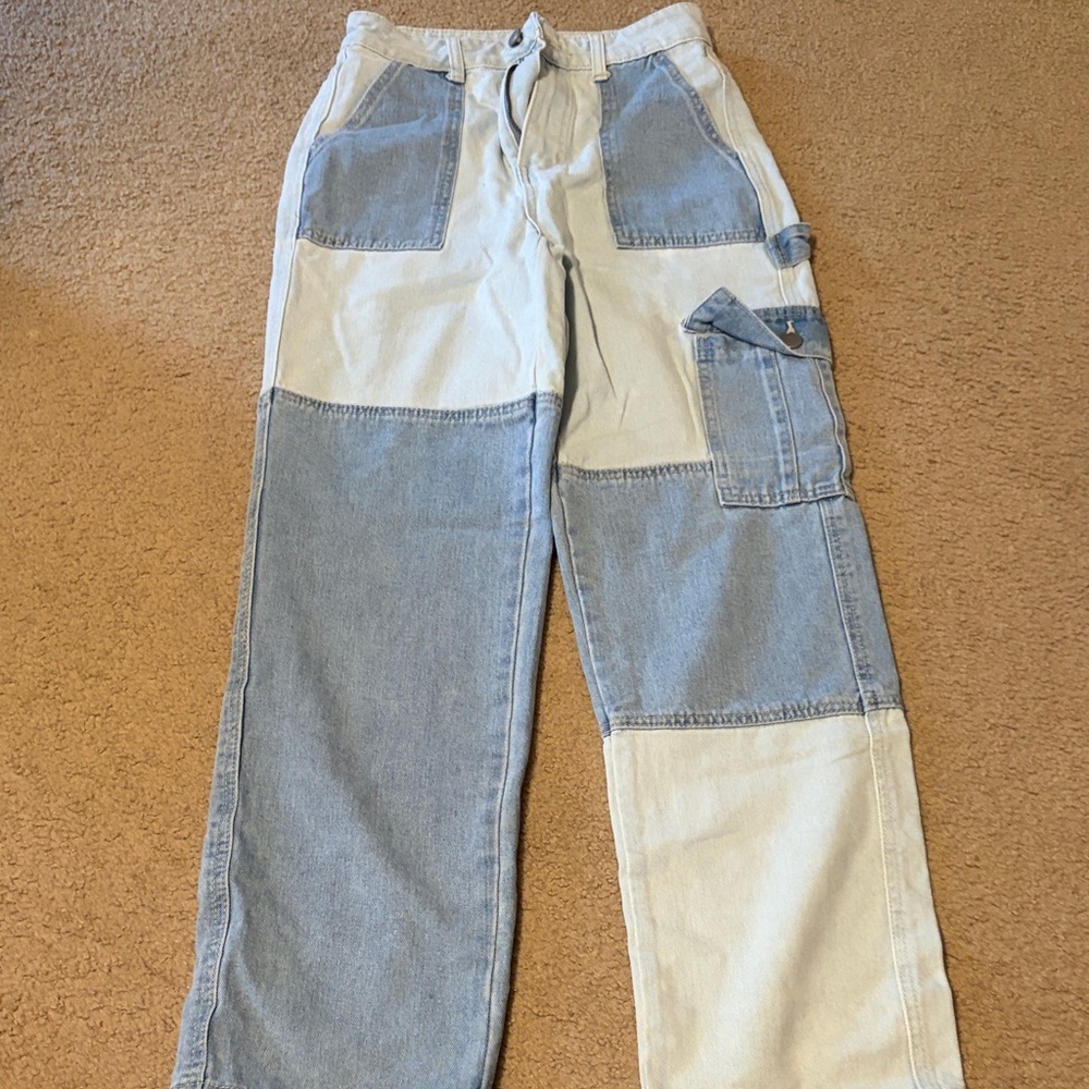 SHEIN Two-Tone Patchwork Light Blue and Cream Cargo Jeans